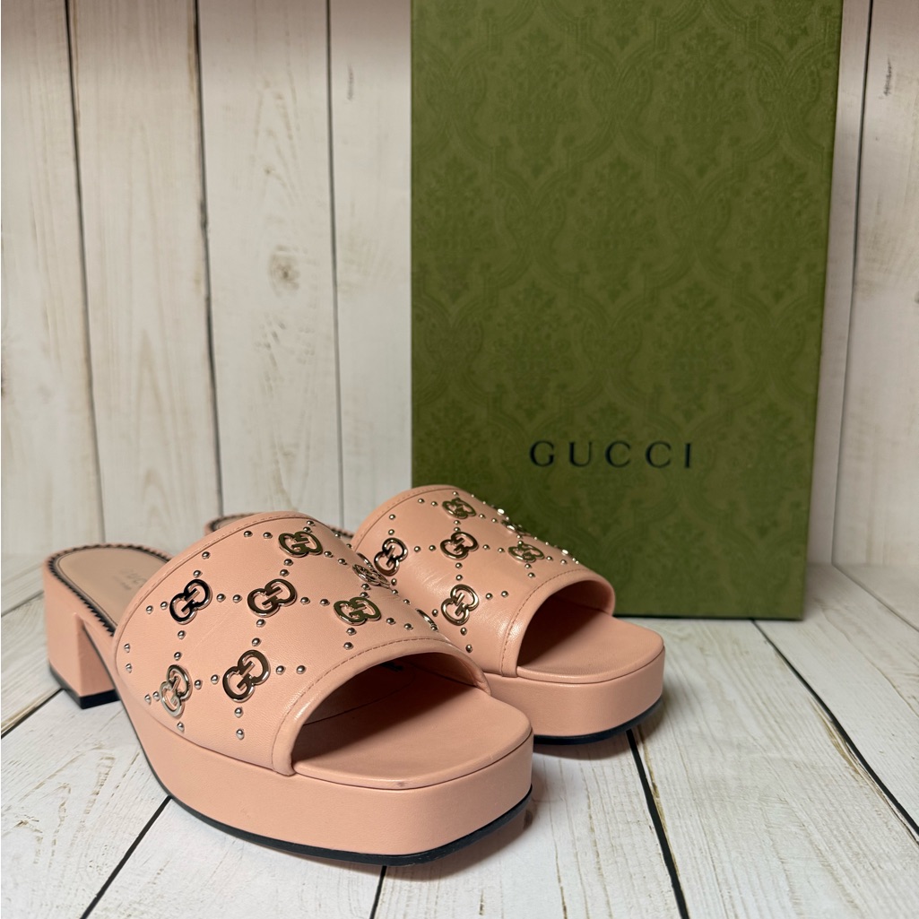 Gucci Malaga Kid Interlocking G Studs Platform Sandals Perfect Pink Sz 38 / 8
